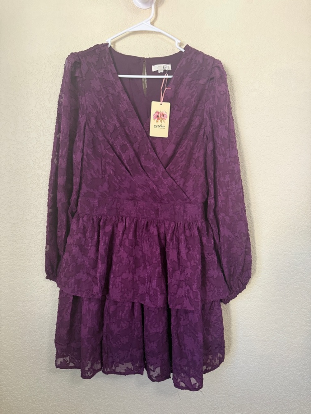 Entro Eggplant Purple Lace Tiered Wrap with Laced Long-Sleeve Dress L NWT